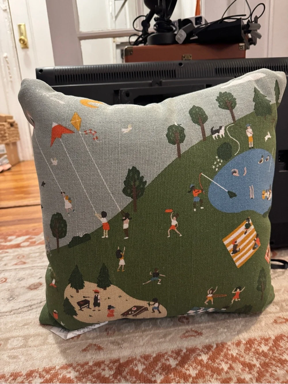 Outdoor Picnic Scene Decorative Pillow - Green & Cream